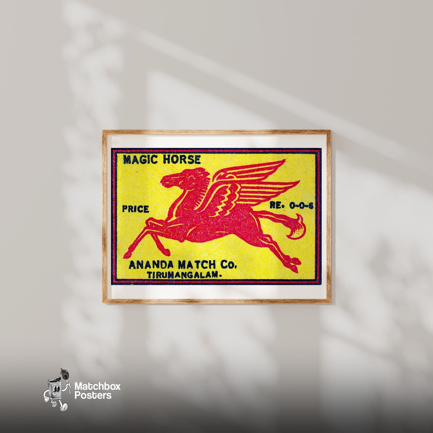 Red Winged Horse - vintage matchbox label print - bedroom mockup