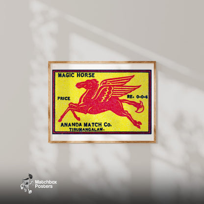 Red Winged Horse - vintage matchbox label print - bedroom mockup