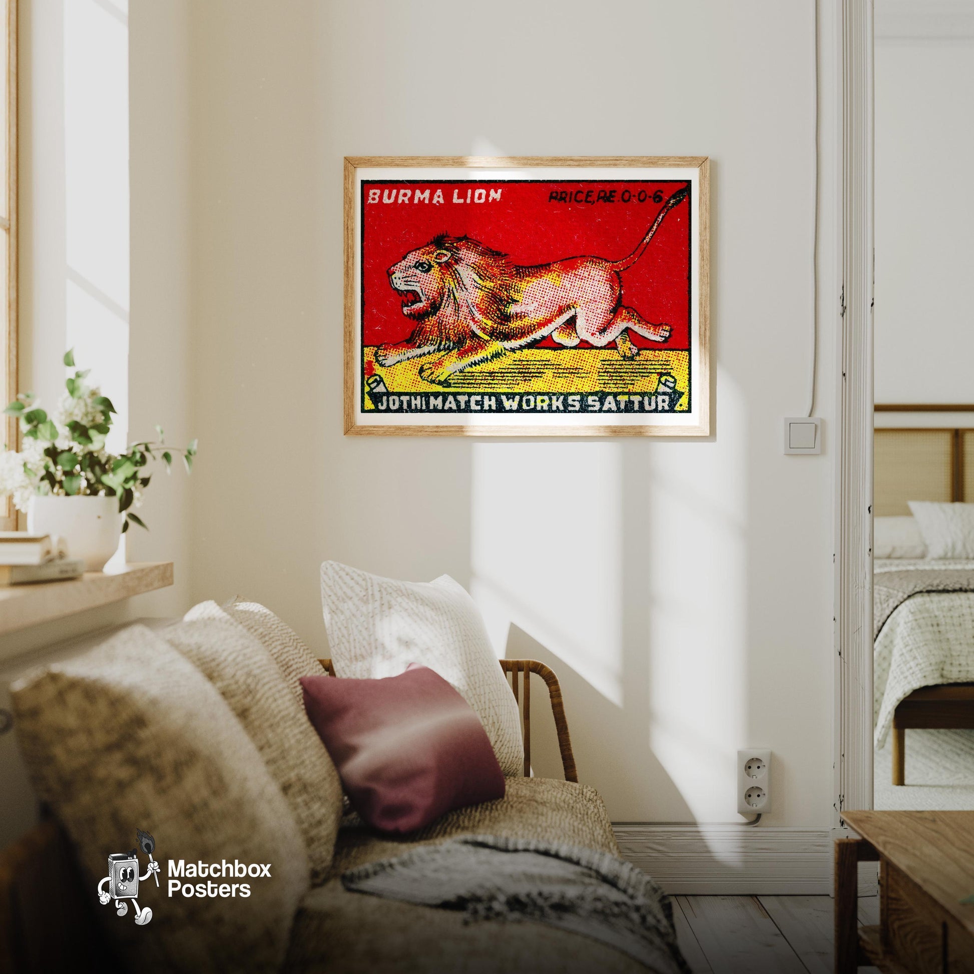 Roaring Lion - vintage matchbox label print - living room mockup