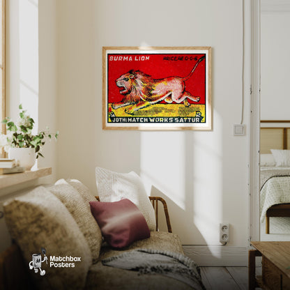 Roaring Lion - vintage matchbox label print - living room mockup