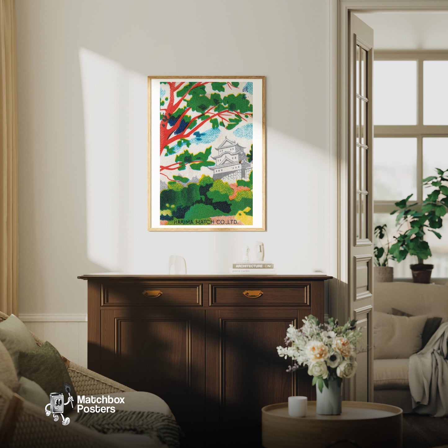 Forest Castle Japan - vintage matchbox label print - living room mockup