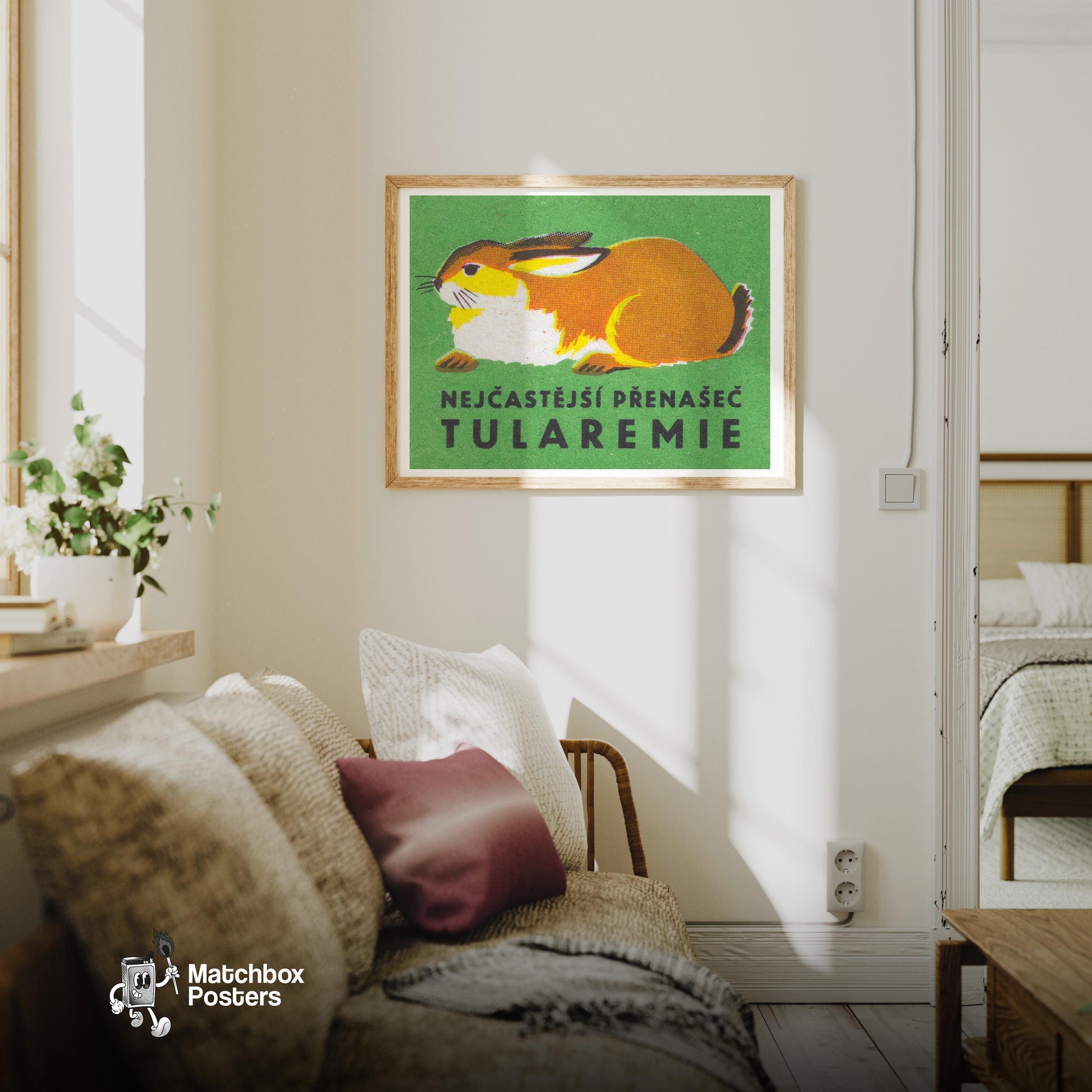 Rabbit - vintage matchbox label print - living room mockup