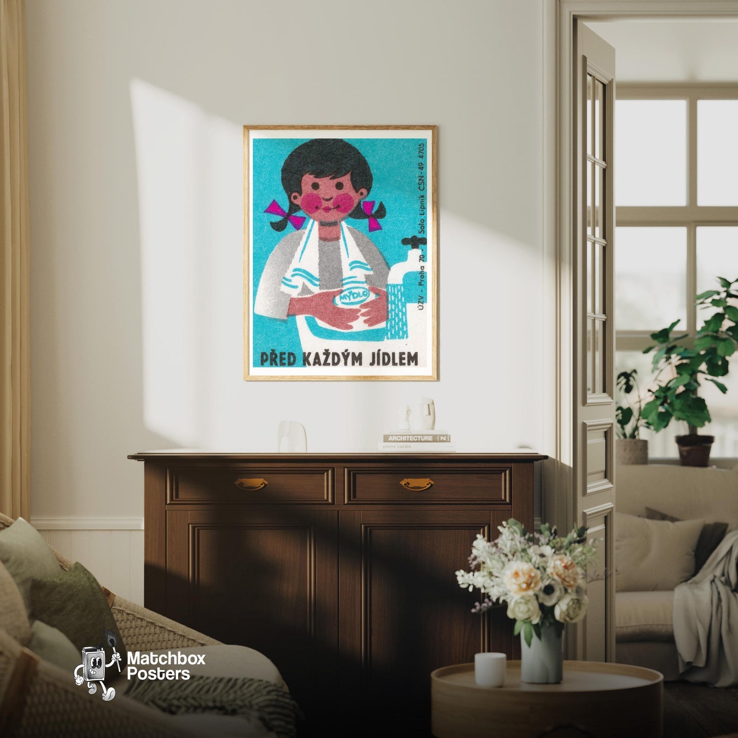 Wash Hands Before Meals - vintage matchbox label print - living room mockup