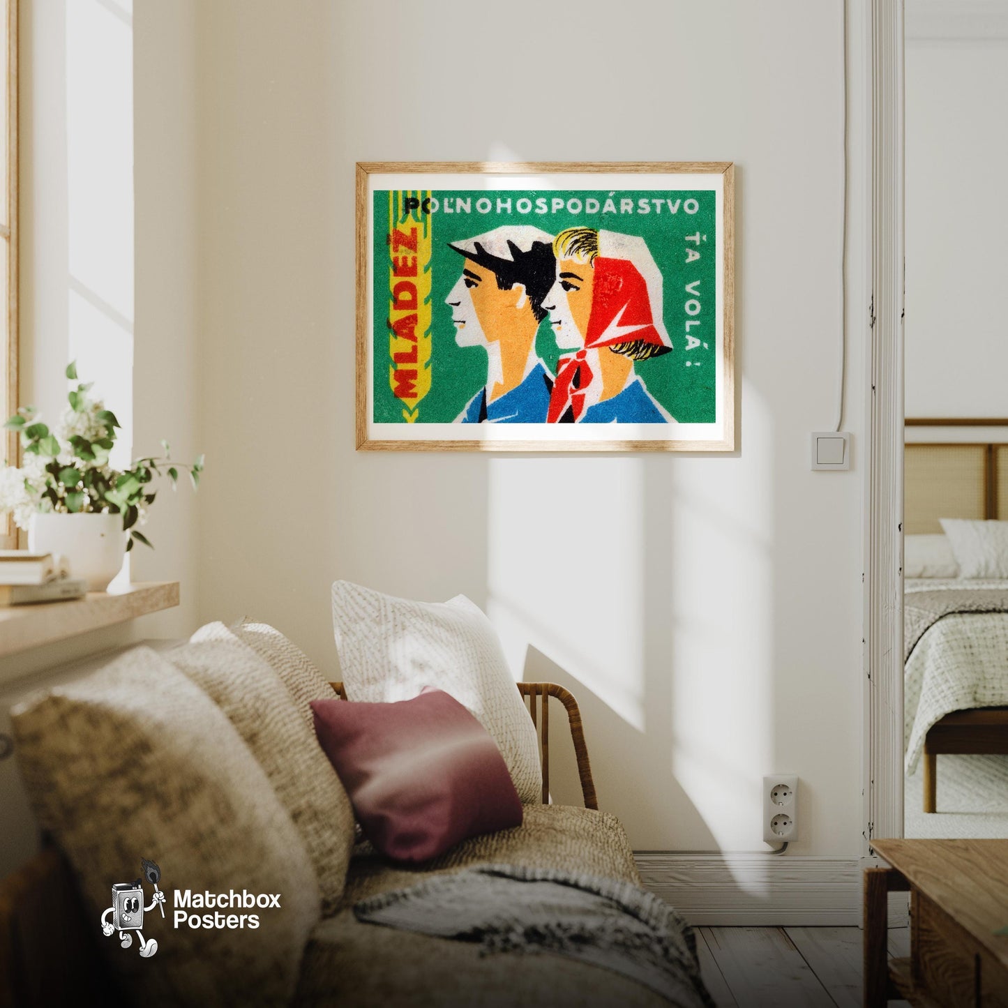 Wheat Farmers - vintage matchbox label print - living room mockup