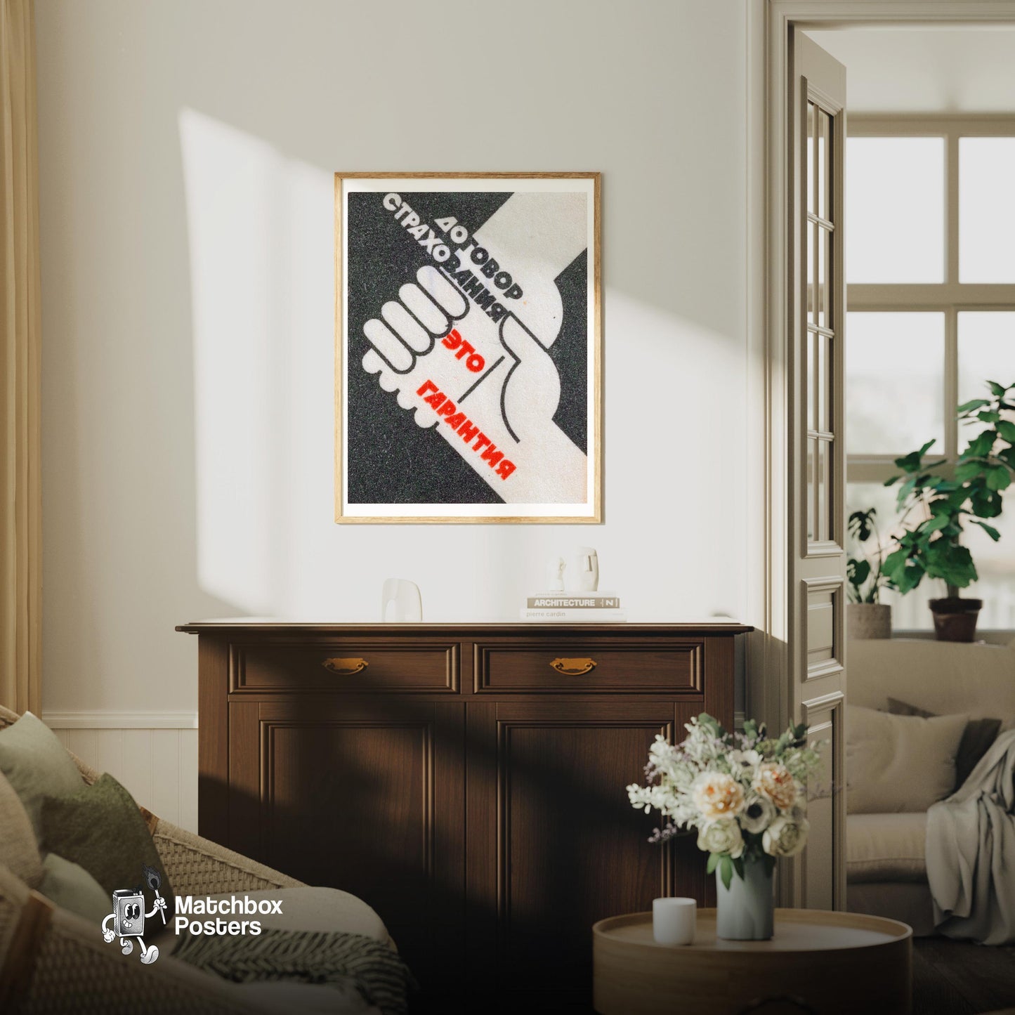 Handshake - vintage matchbox label print - living room mockup