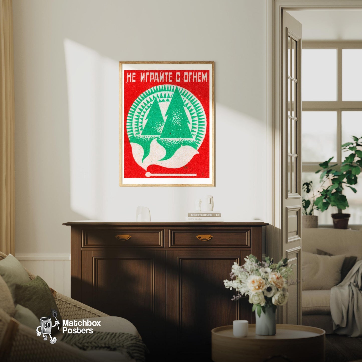 Two Trees with Flame - vintage matchbox label print - living room mockup