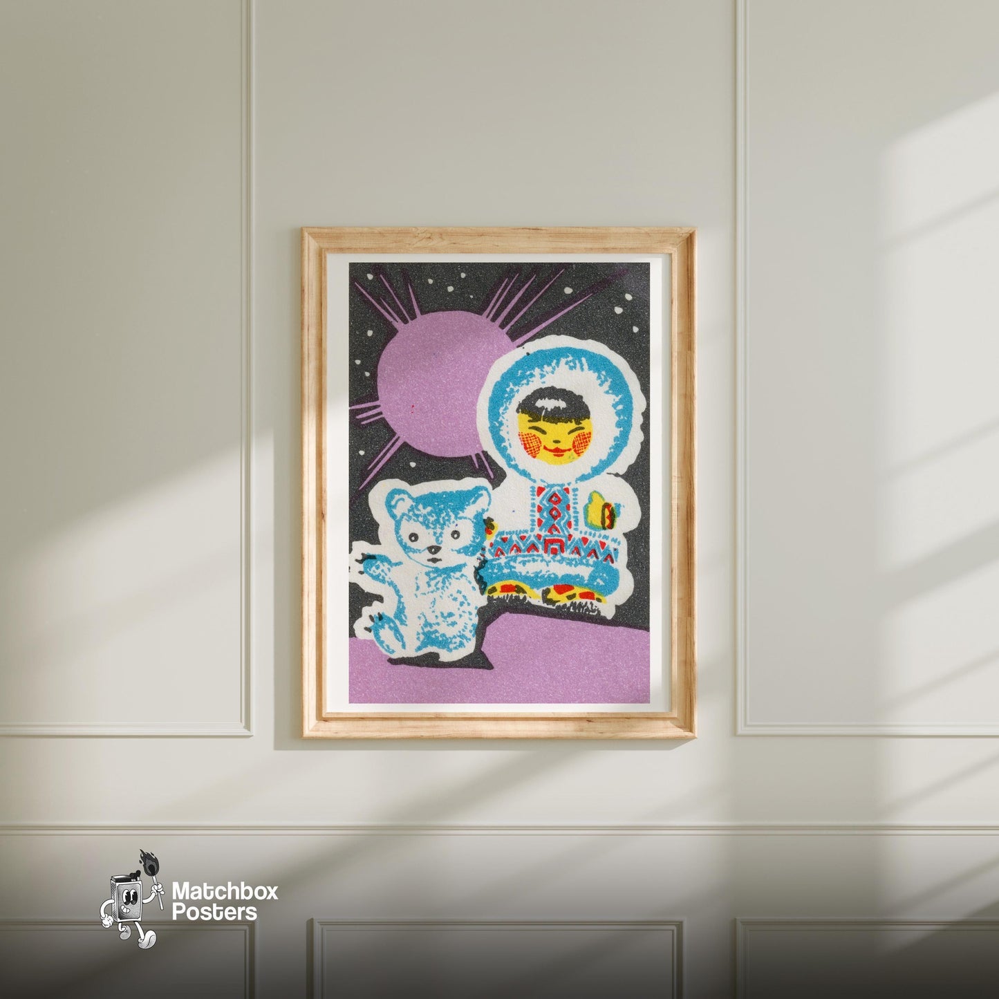 Child with Bear - vintage matchbox label print - bedroom mockup