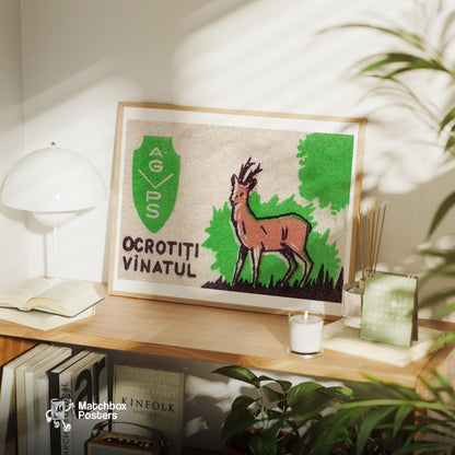 Protect the Deer - vintage matchbox label print - office wall