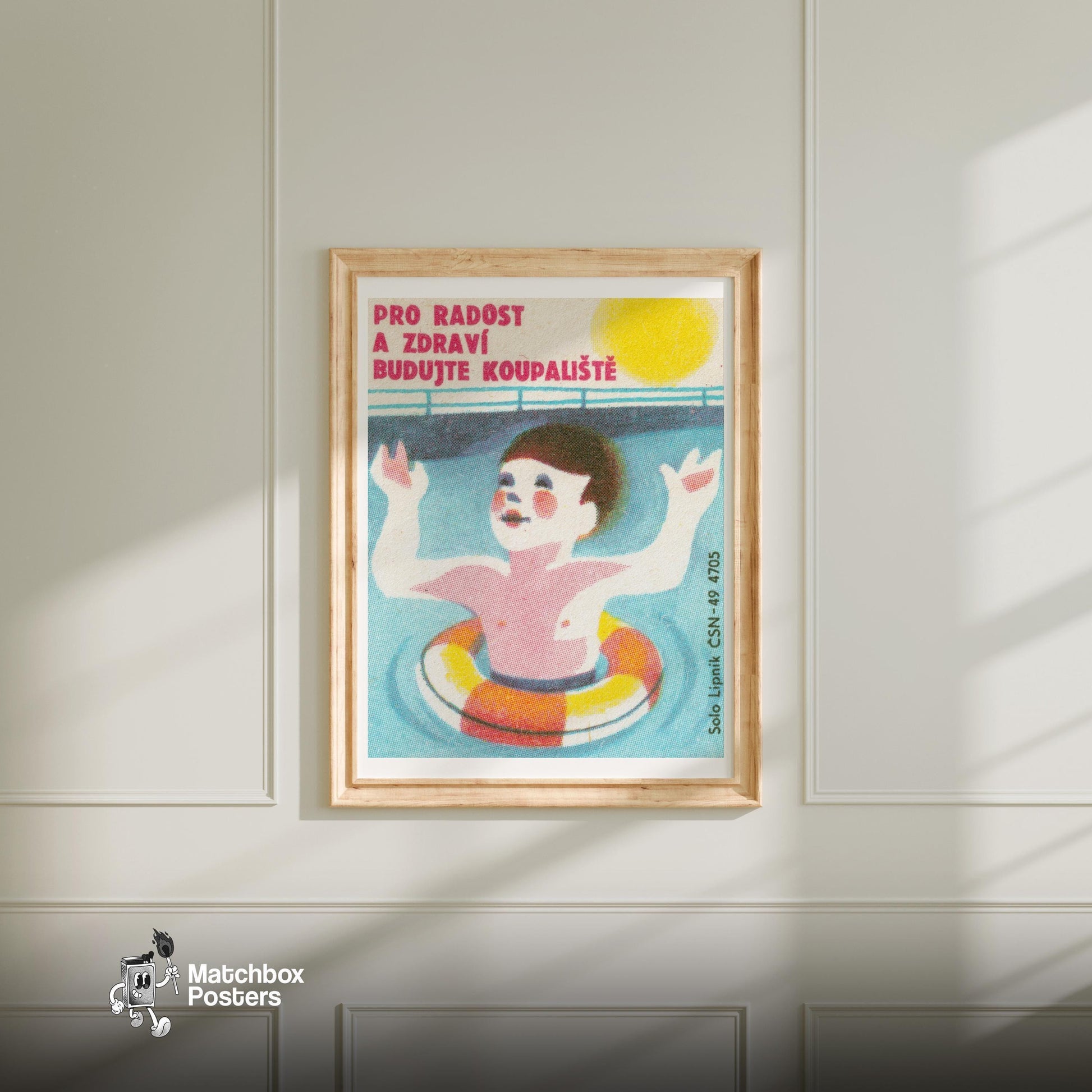 Swimming Child - vintage matchbox label print - bedroom mockup