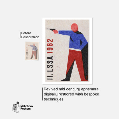 Stylized Figure Aiming A Gun - vintage matchbox label print - framed wall art preview
