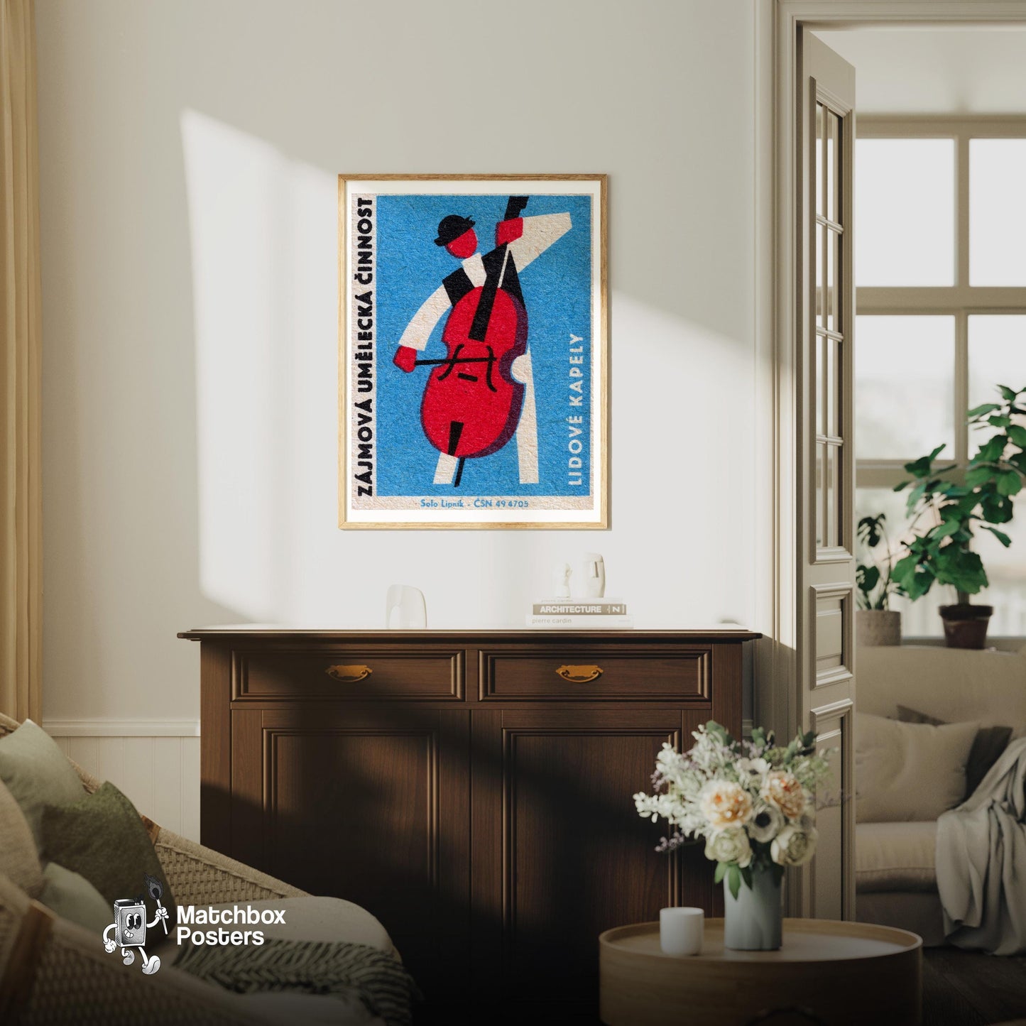 Stylized Image Of A Person Playing Polo - vintage matchbox label print - living room mockup