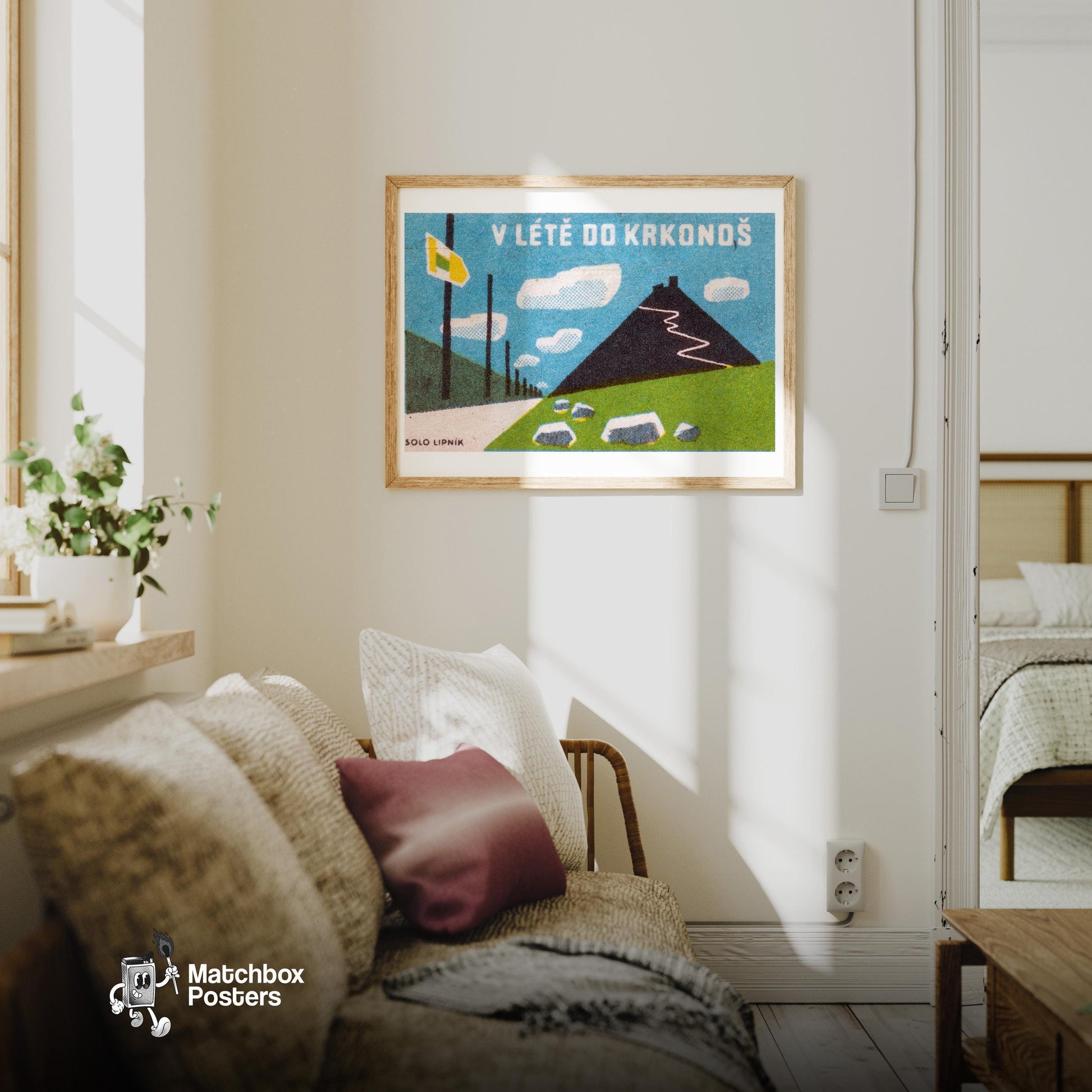 Krkonoše Mountains - vintage matchbox label print - living room mockup