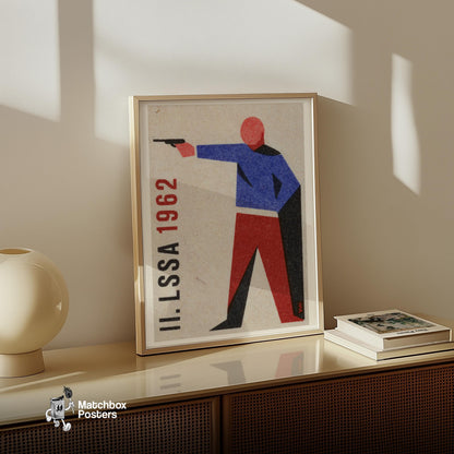 Stylized Figure Aiming A Gun - vintage matchbox label print - size comparison