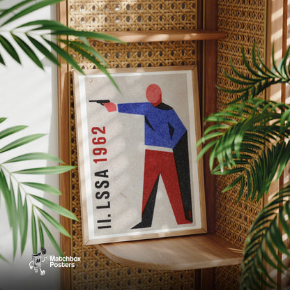 Stylized Figure Aiming A Gun - vintage matchbox label print - office wall