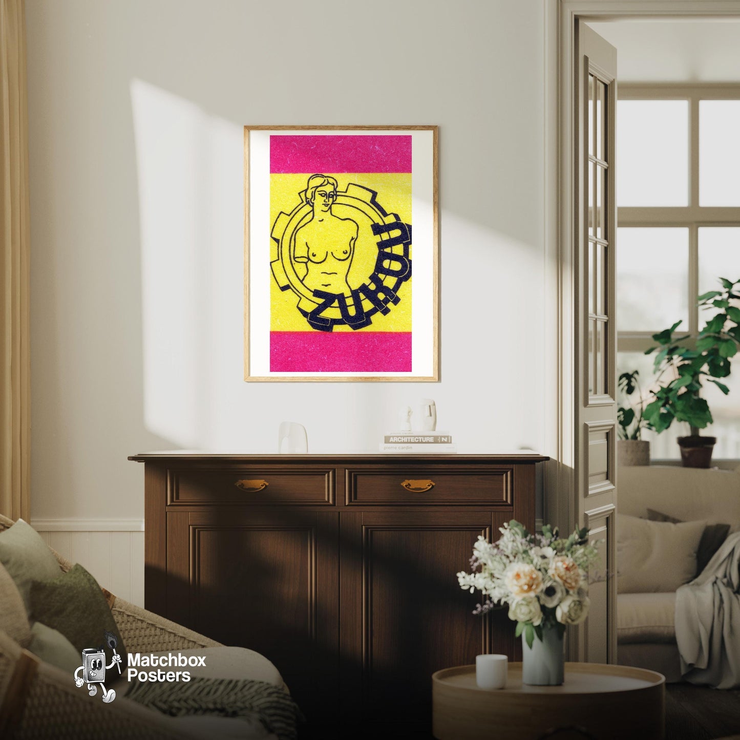 Industrial Female Figure - vintage matchbox label print - living room mockup