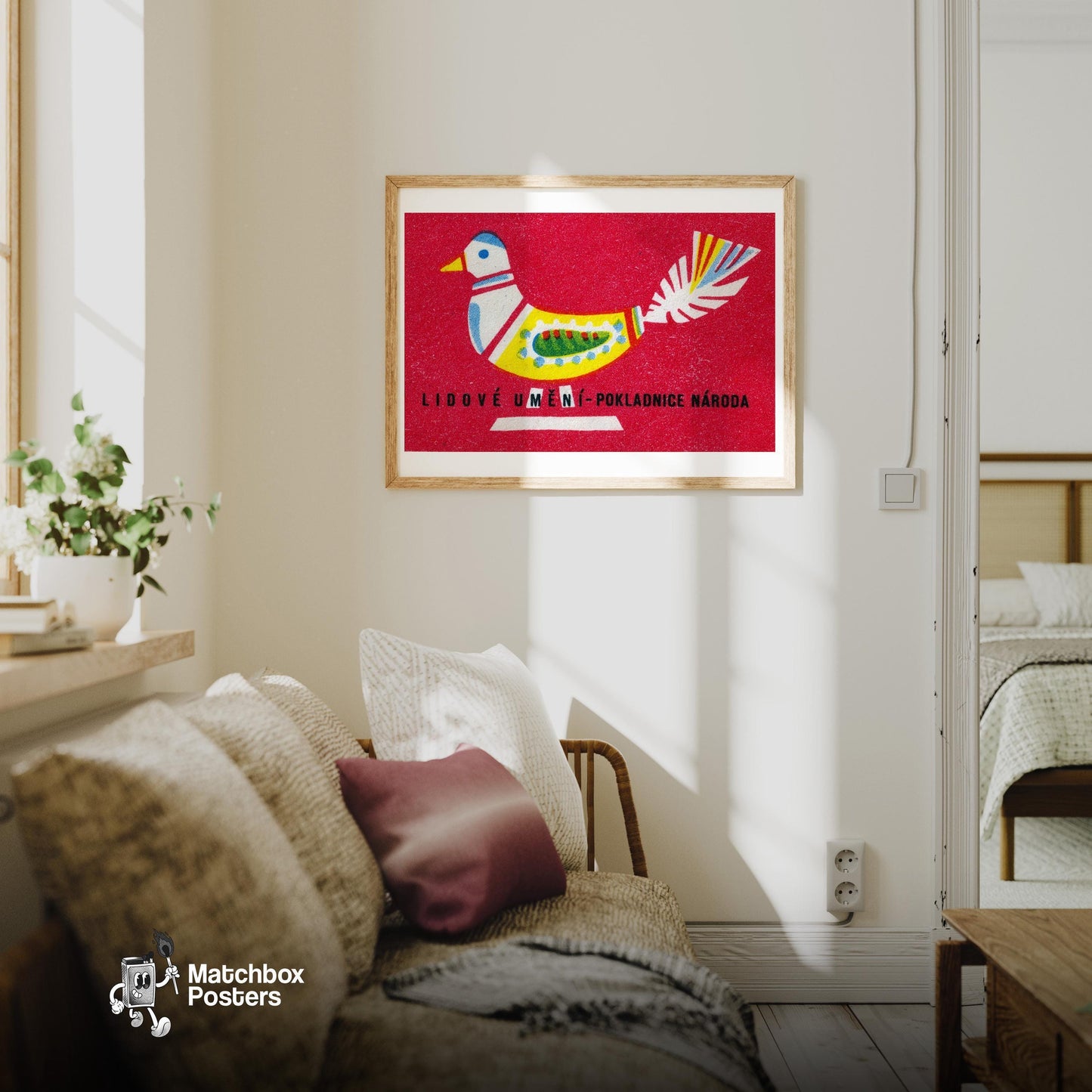 Folk Dove - vintage matchbox label print - living room mockup