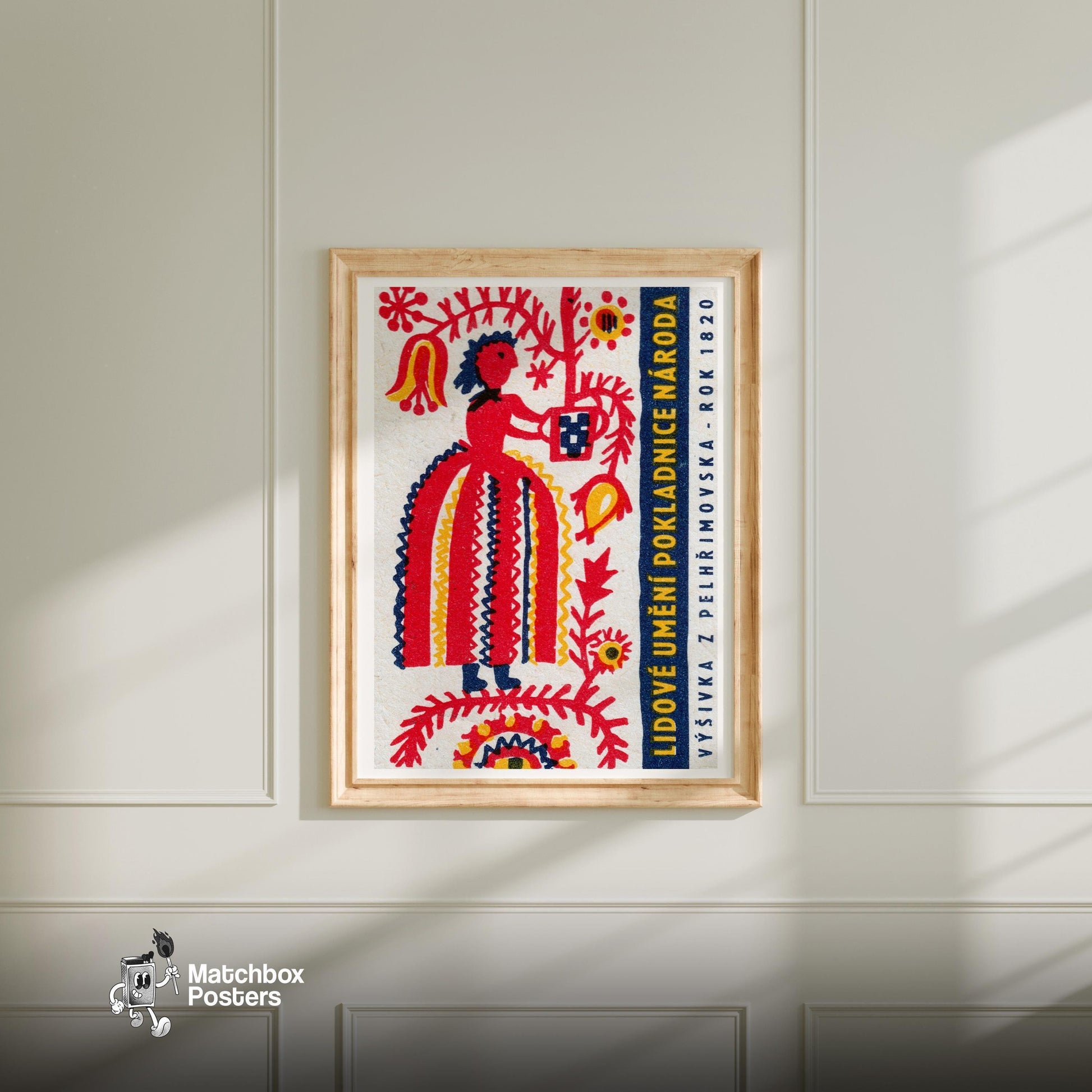 Folk Woman - vintage matchbox label print - bedroom mockup
