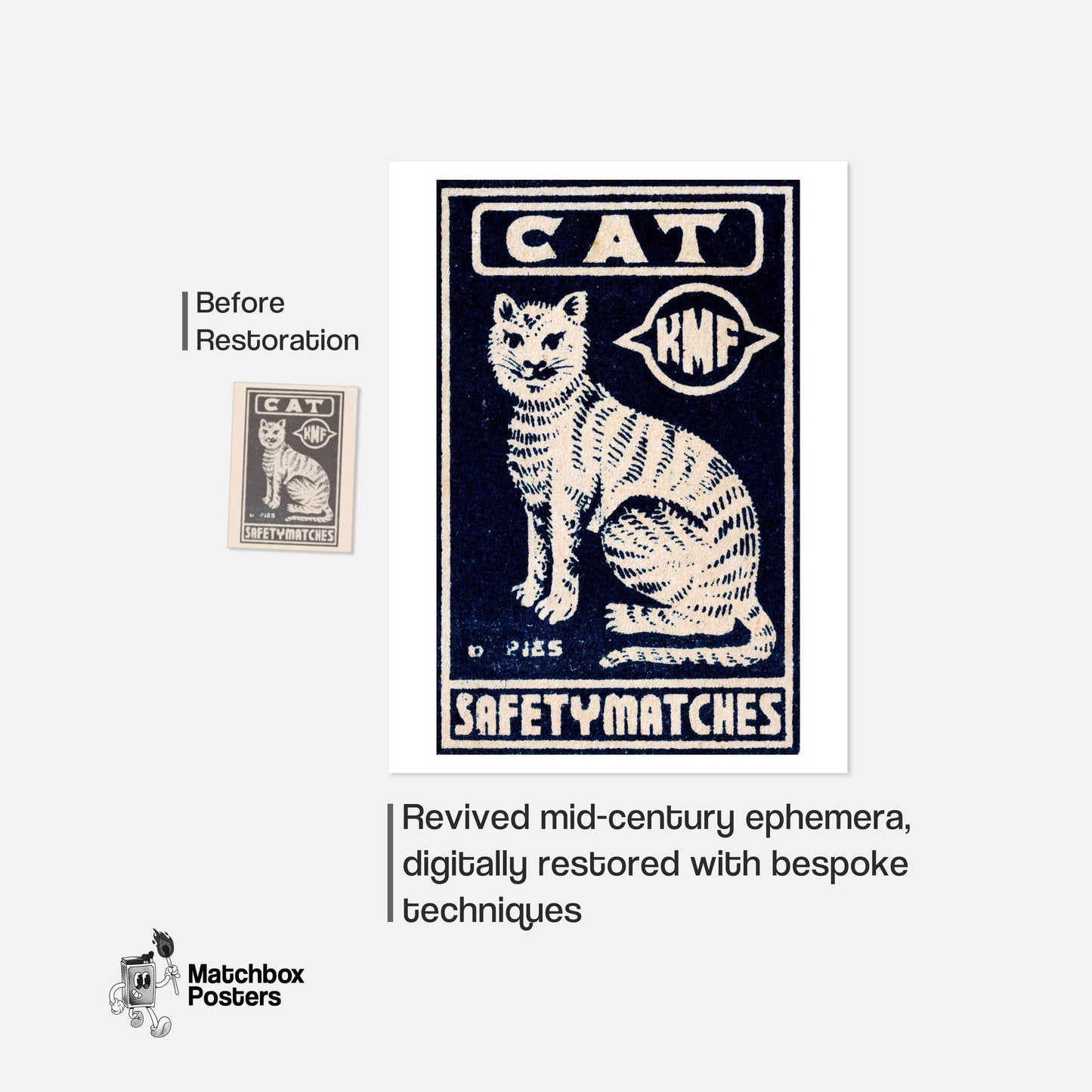 White Cat - vintage matchbox label print - framed wall art preview