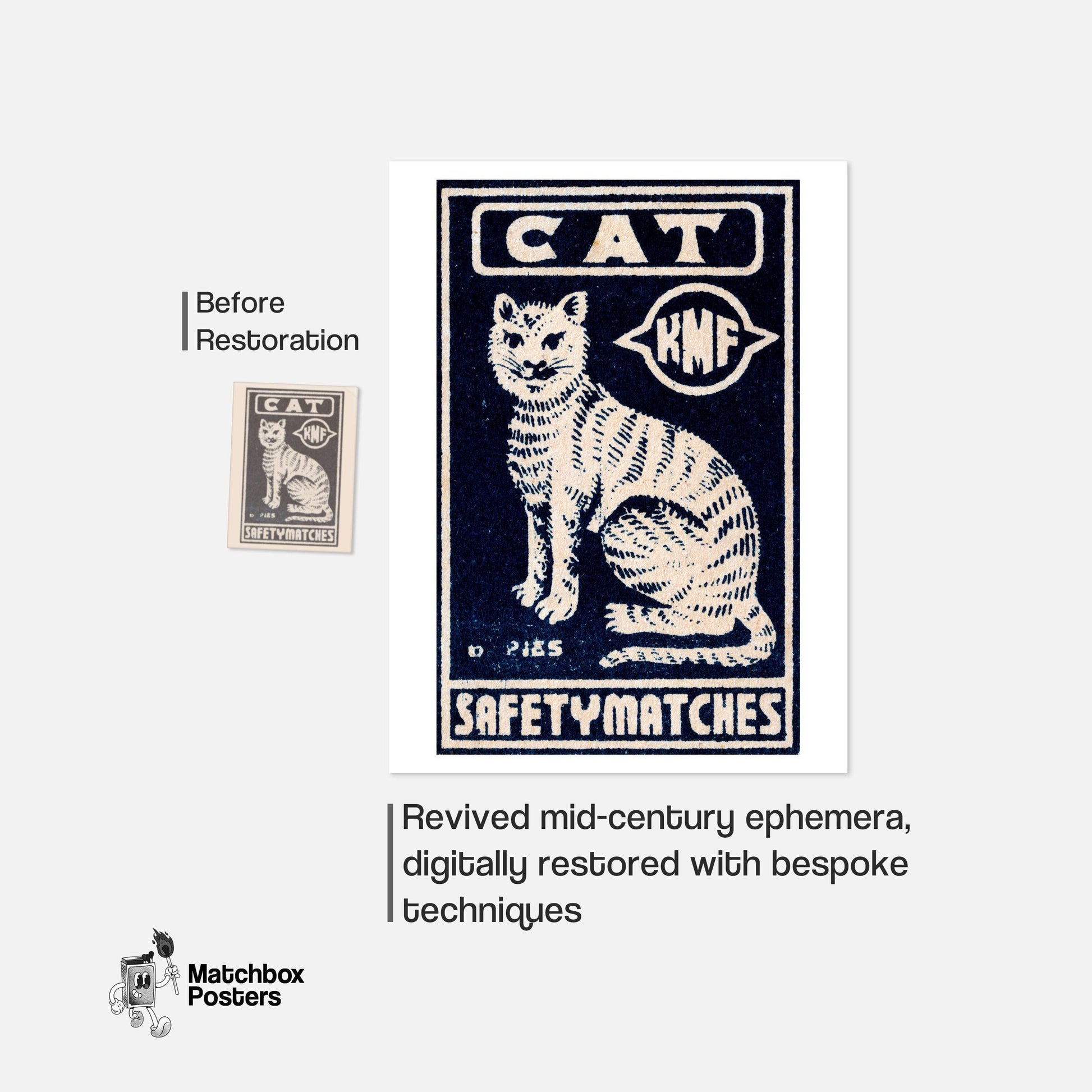 White Cat - vintage matchbox label print - framed wall art preview