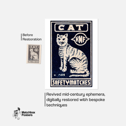 White Cat - vintage matchbox label print - framed wall art preview