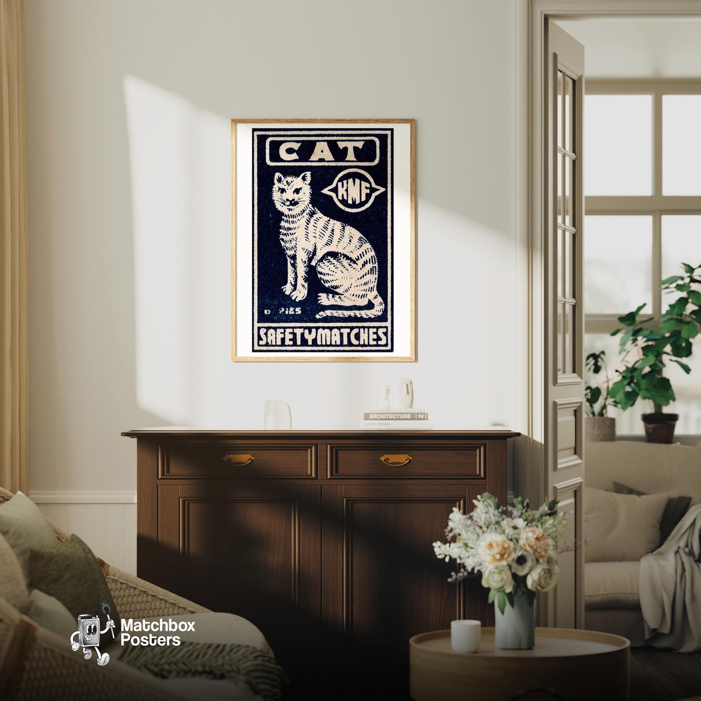 White Cat - vintage matchbox label print - living room mockup
