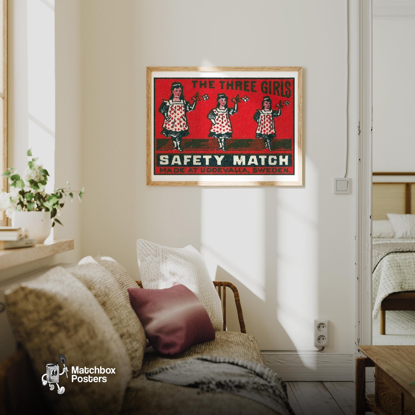 Three Girls - vintage matchbox label print - living room mockup