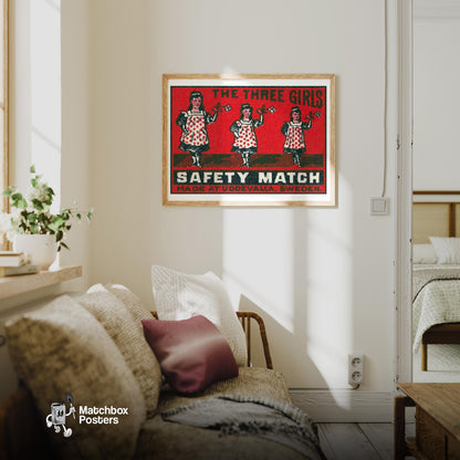Three Girls - vintage matchbox label print - living room mockup
