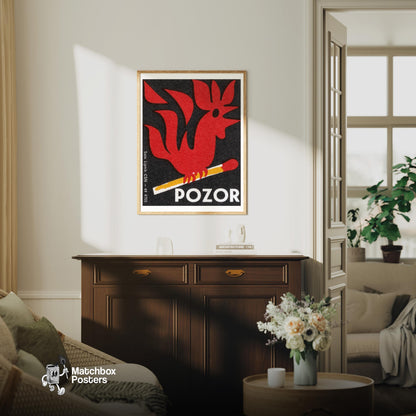 Match Flame Rooster - vintage matchbox label print - living room mockup