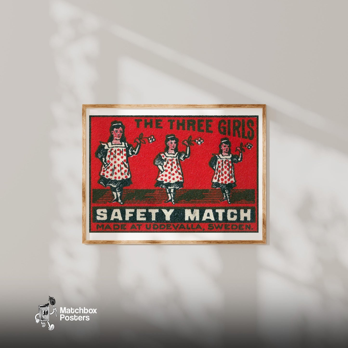Three Girls - vintage matchbox label print - bedroom mockup