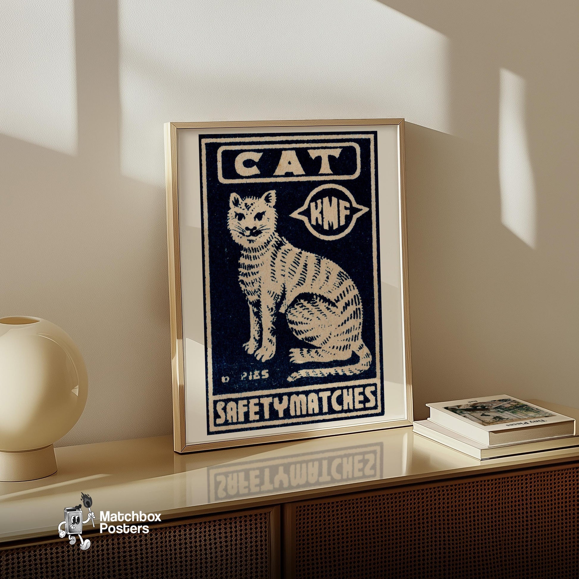 White Cat - vintage matchbox label print - size comparison