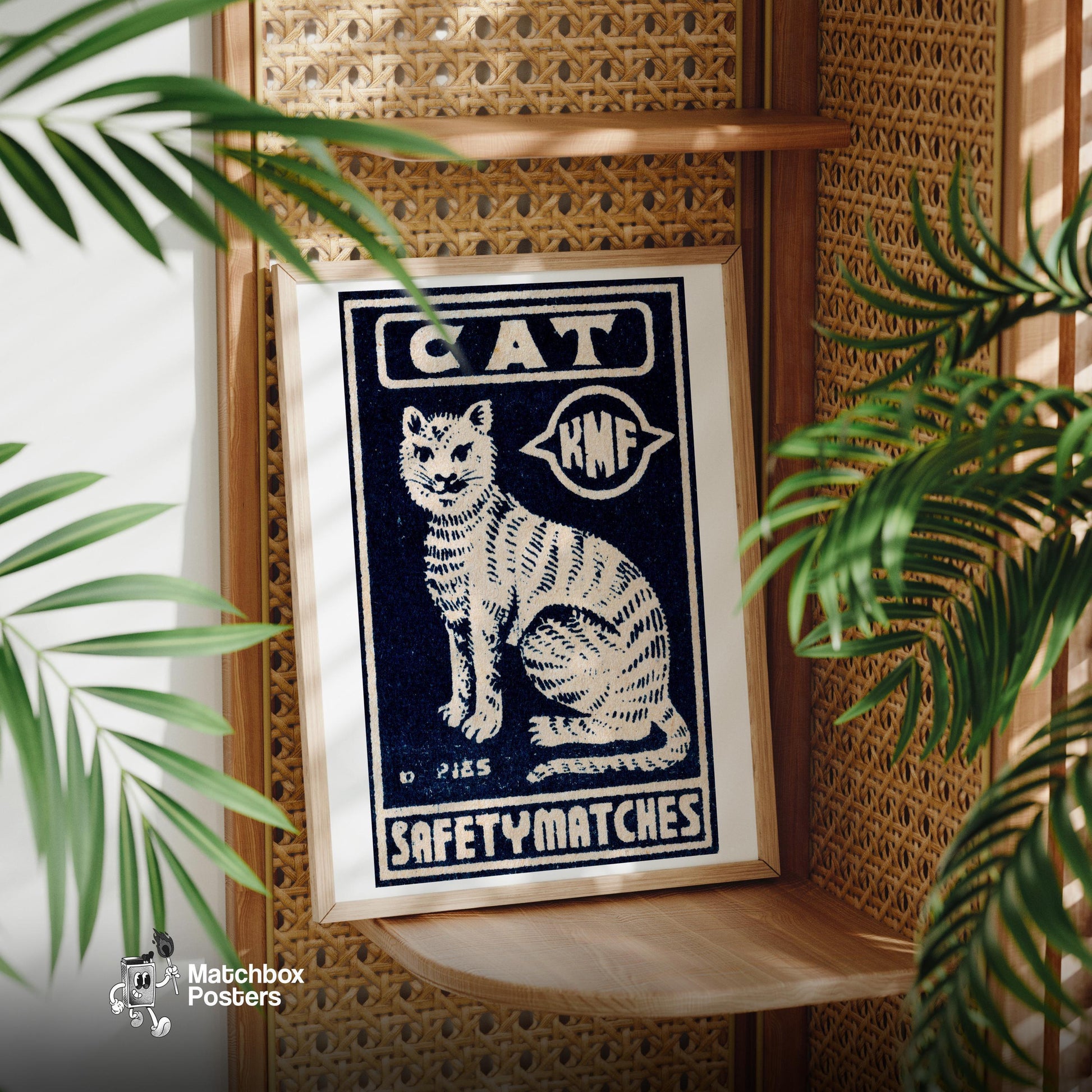 White Cat - vintage matchbox label print - office wall