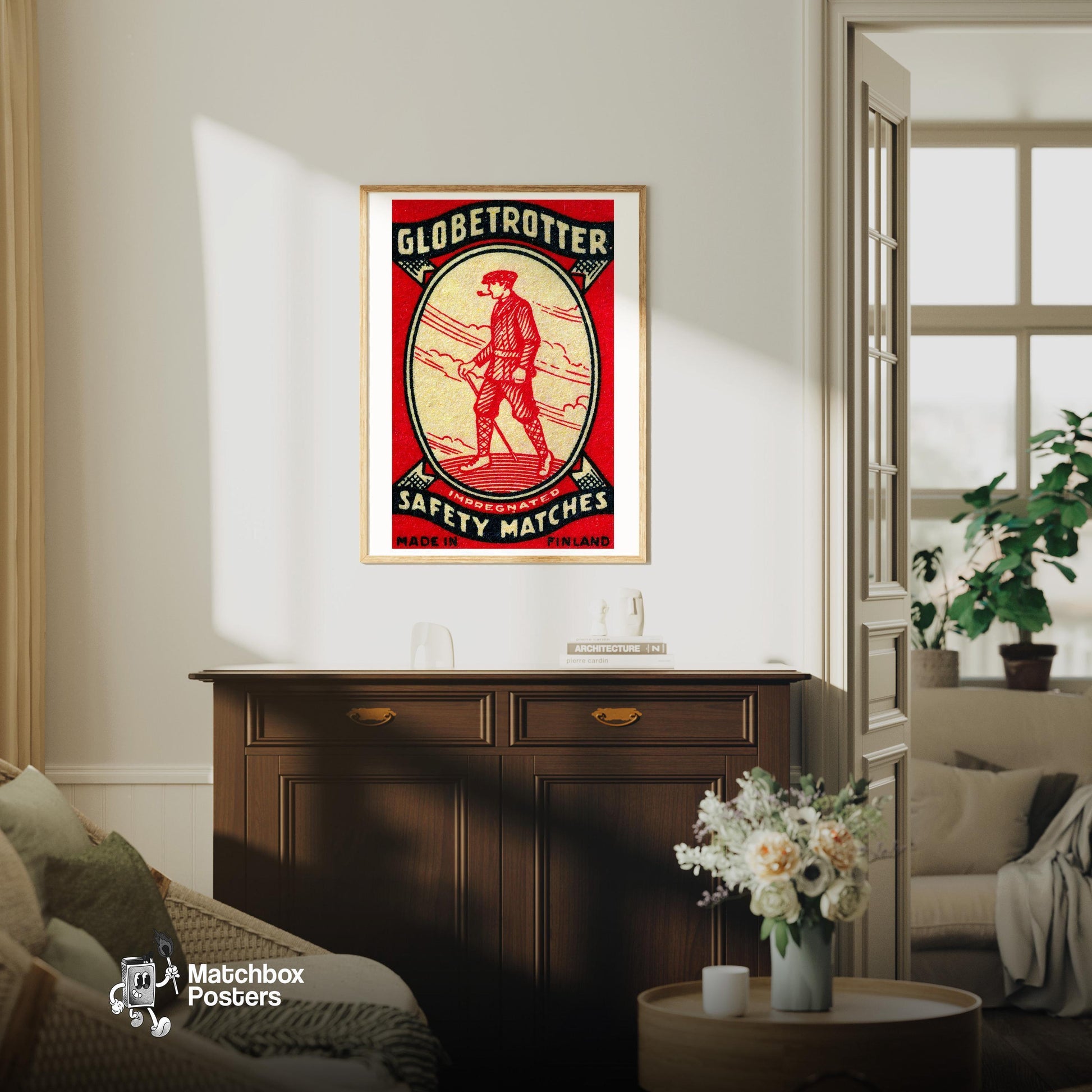 Man with Pipe - vintage matchbox label print - living room mockup