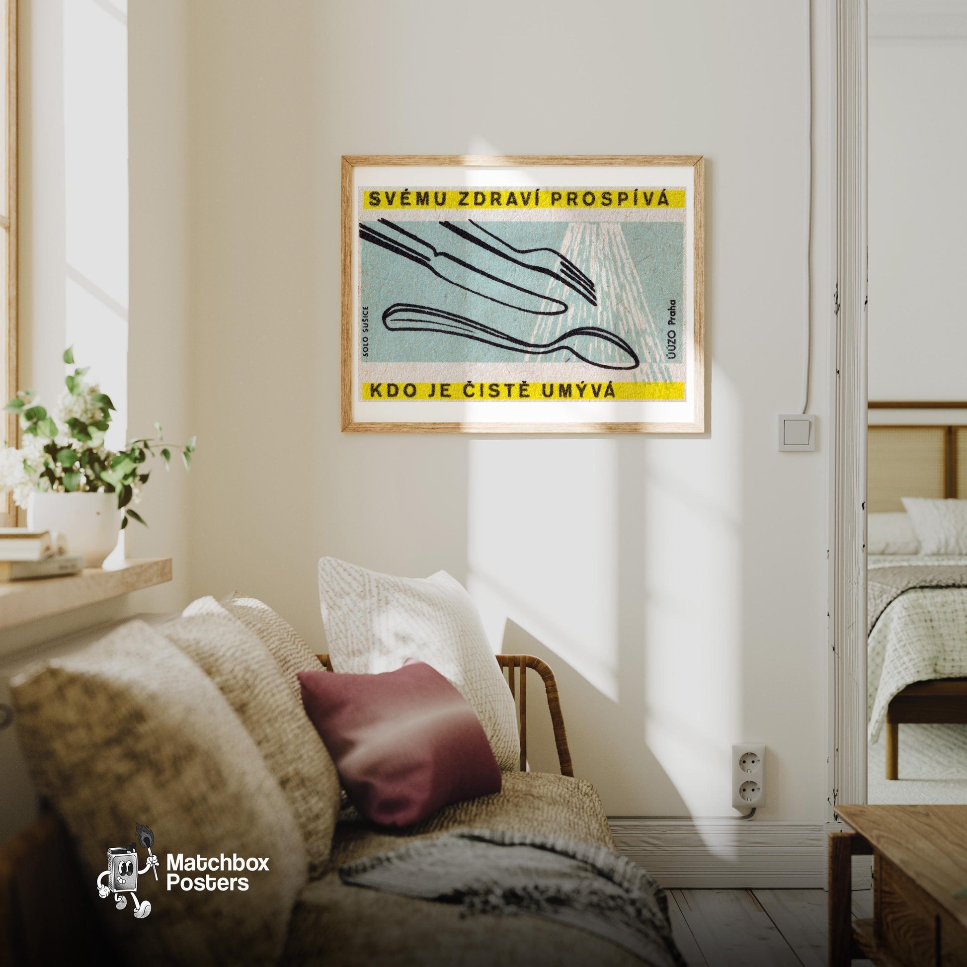 Illustration Of A Fork - vintage matchbox label print - living room mockup
