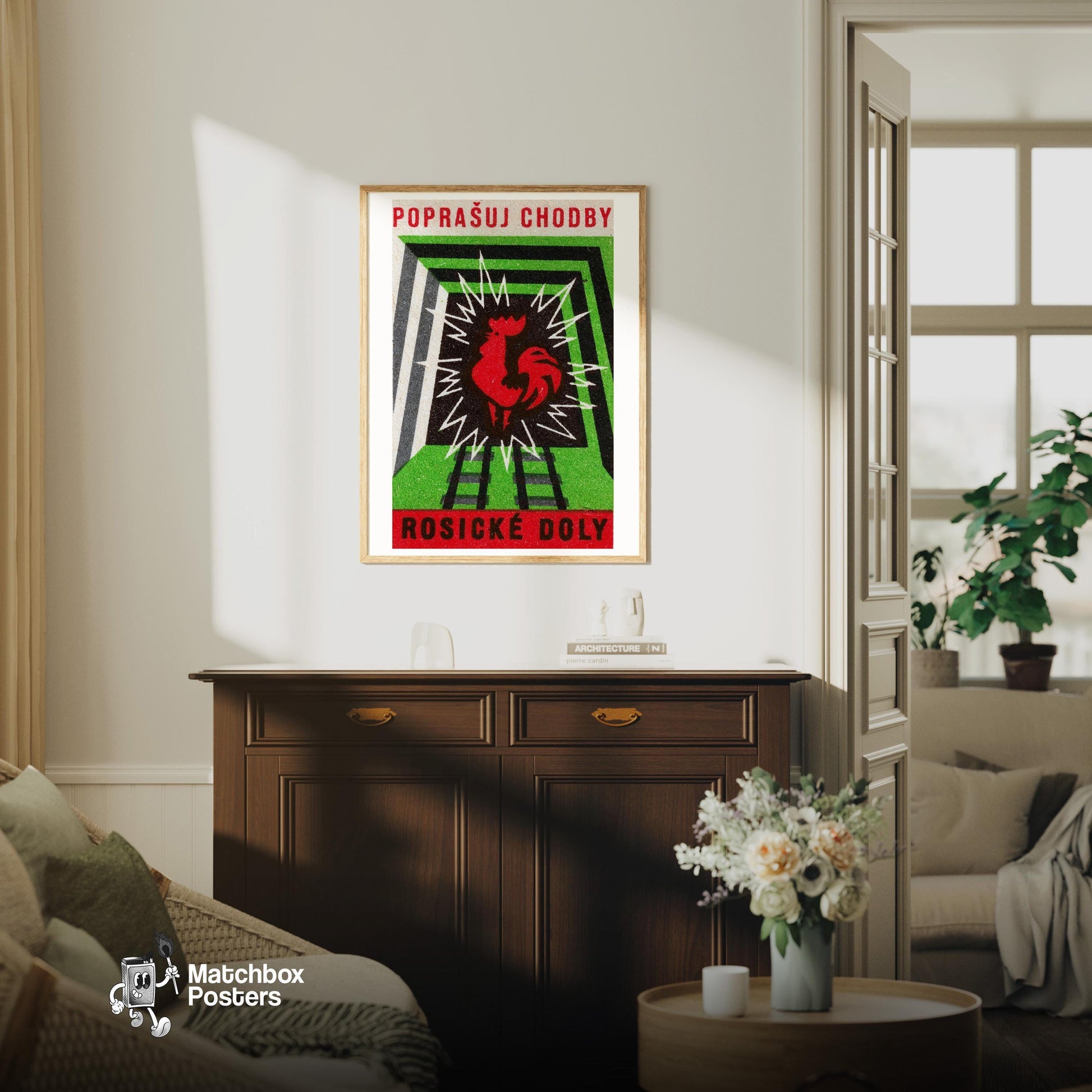 Red Rooster - vintage matchbox label print - living room mockup