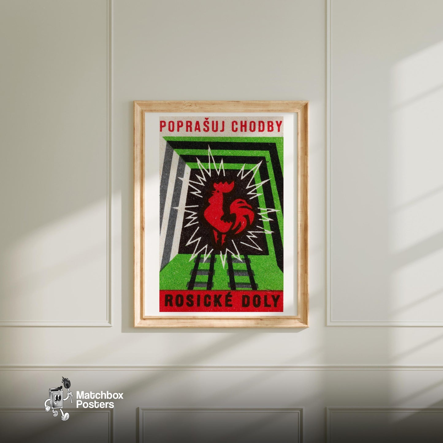 Red Rooster - vintage matchbox label print - bedroom mockup