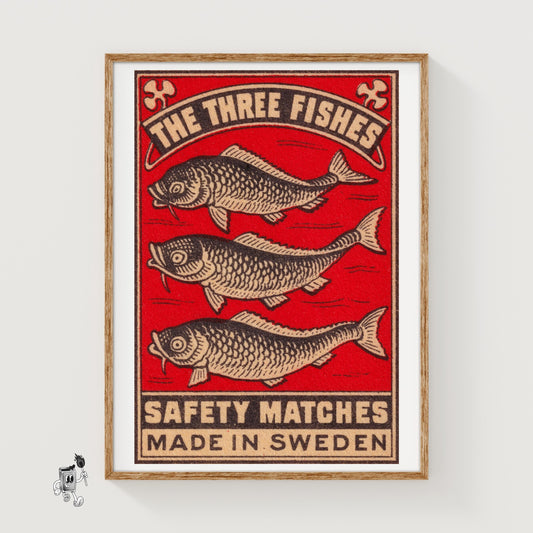 Three Fish - vintage matchbox label print