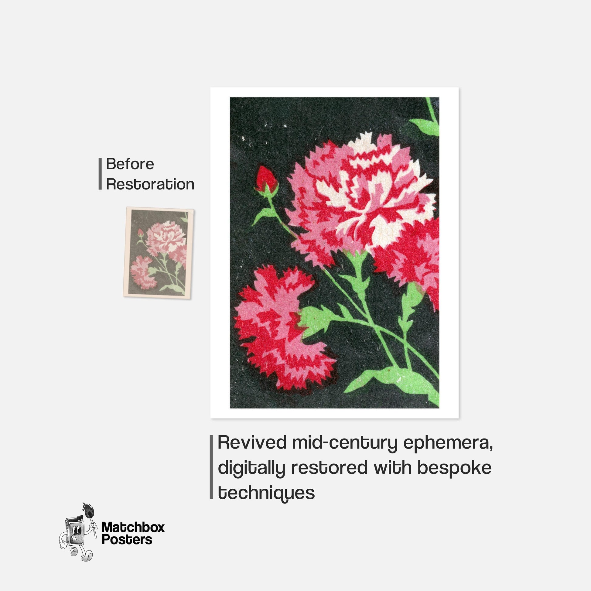Carnations - vintage matchbox label print - framed wall art preview