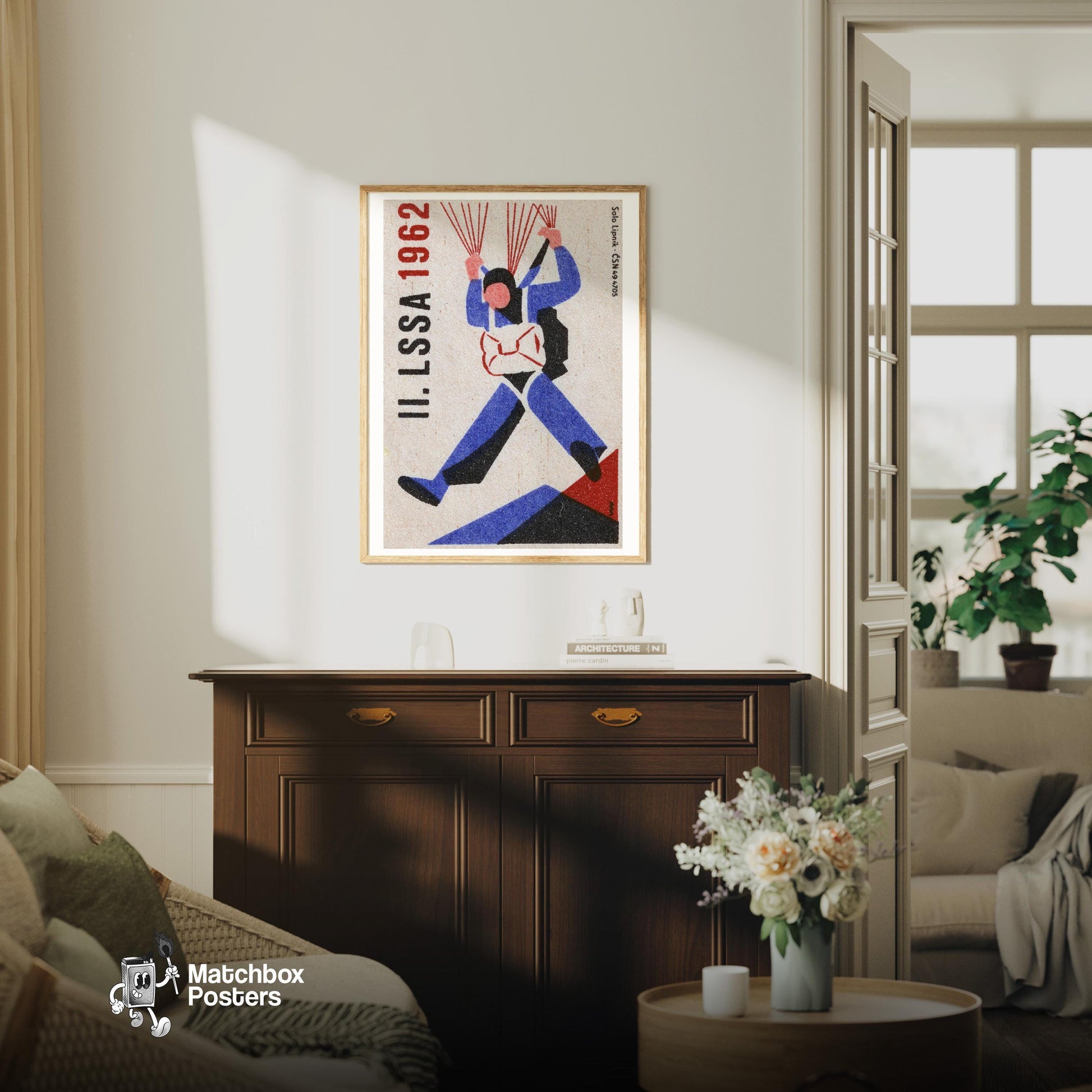 Parachutist - vintage matchbox label print - living room mockup