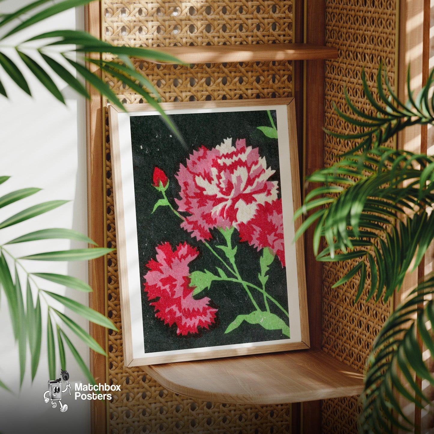 Carnations - vintage matchbox label print - office wall