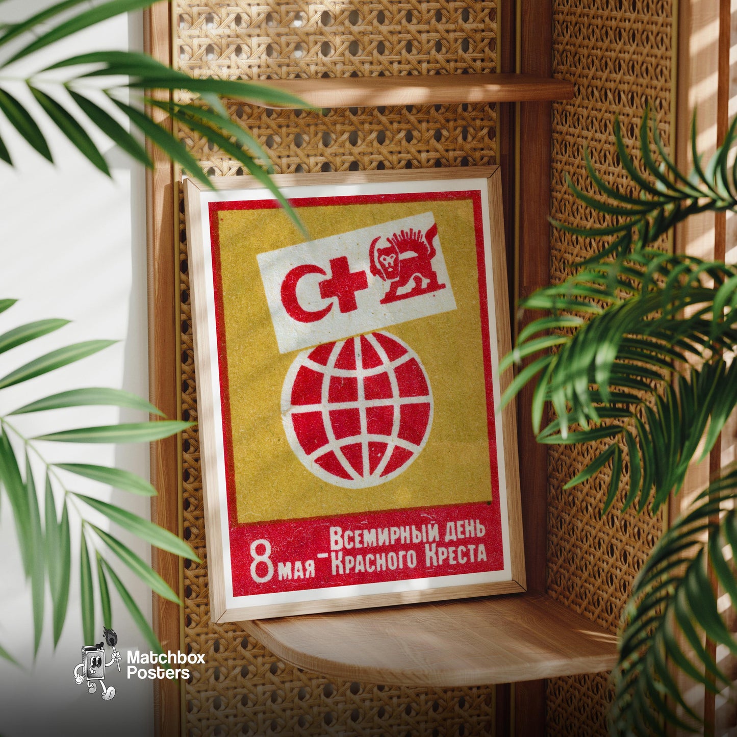 Red Cross Globe Lion - vintage matchbox label print - office wall