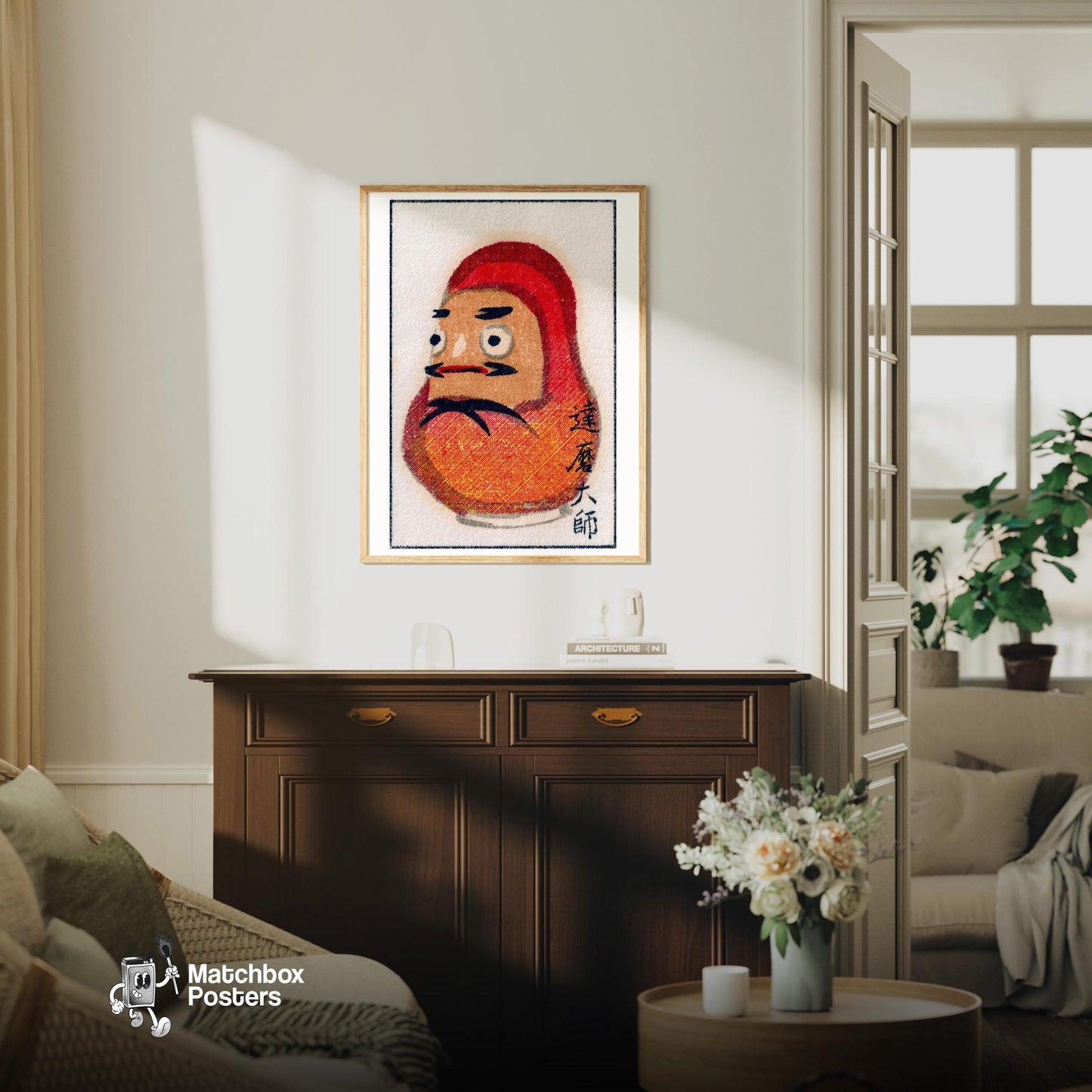 Cozy Japanese Man in Rug - vintage matchbox label print - living room mockup