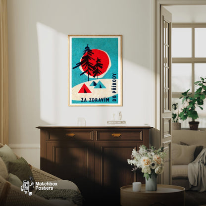 Stylized Trees - vintage matchbox label print - living room mockup