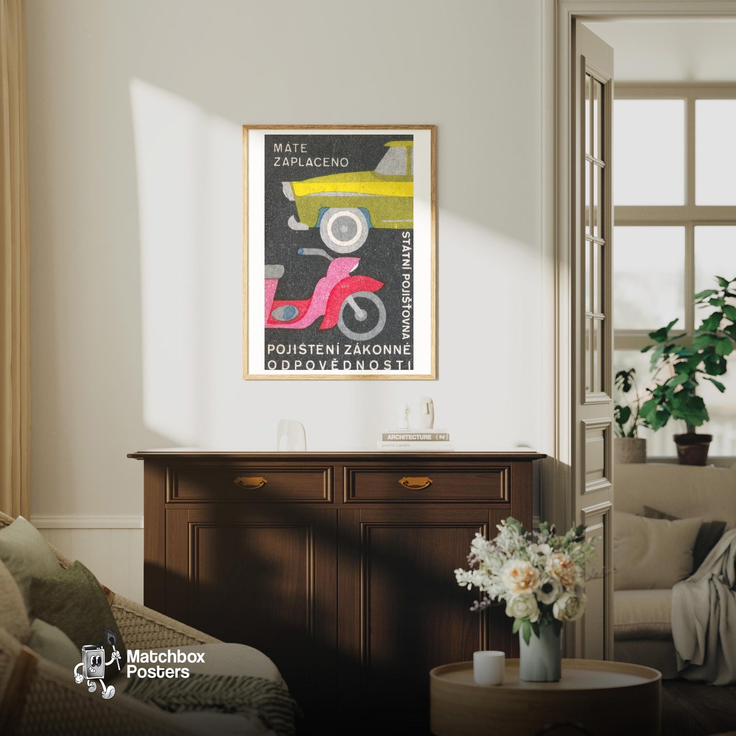 Car and Scooter - vintage matchbox label print - living room mockup