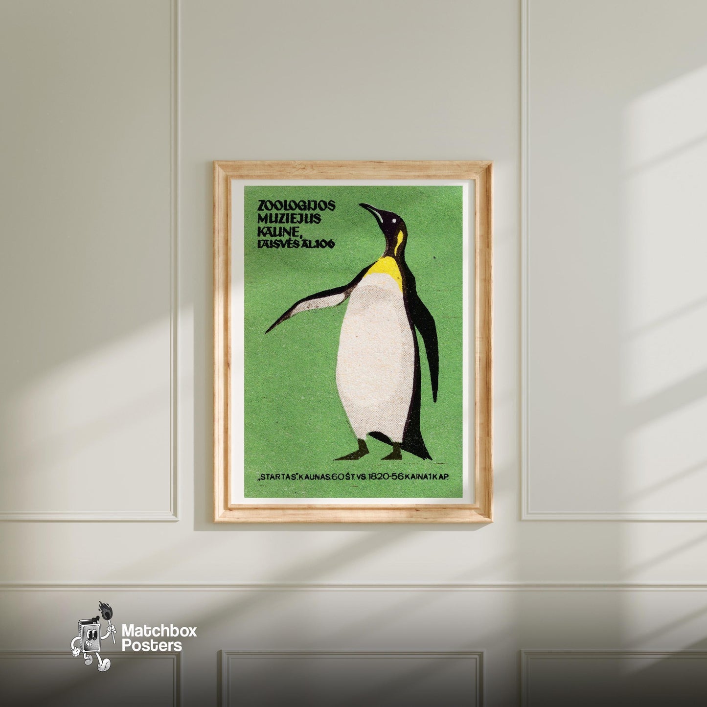Penguin Standing - vintage matchbox label print - bedroom mockup