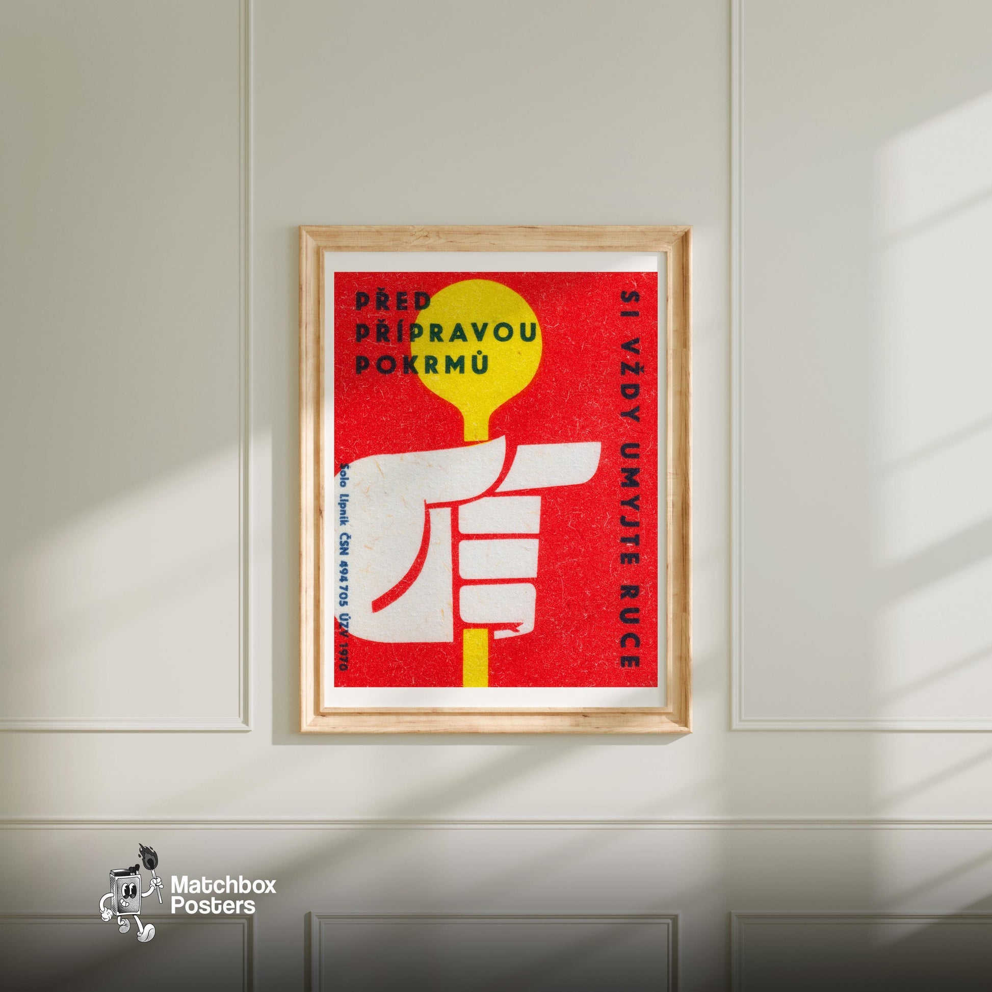 Hand Holding Object - vintage matchbox label print - bedroom mockup