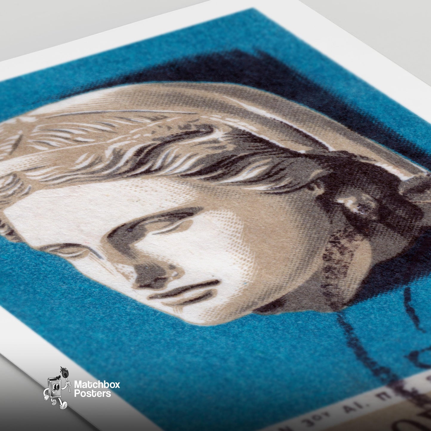 Stone Head Sculpture - vintage matchbox label print - close-up detail