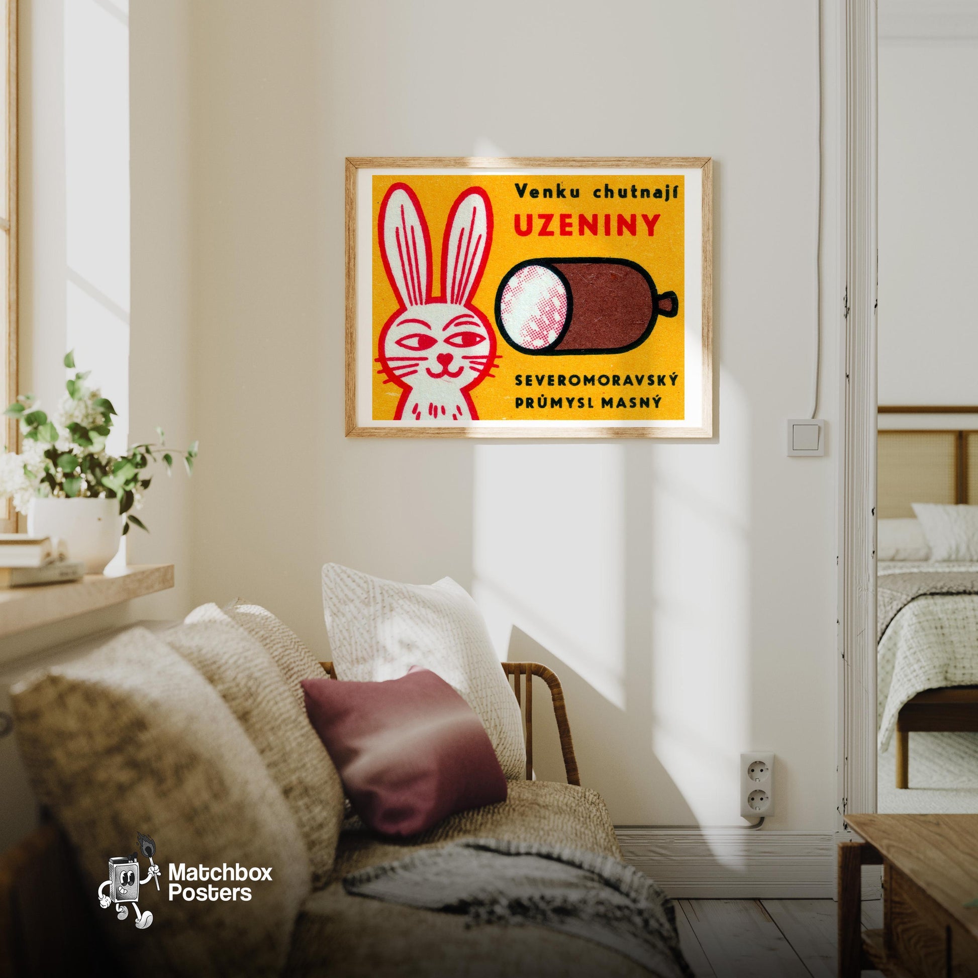 Rabbit - vintage matchbox label print - living room mockup