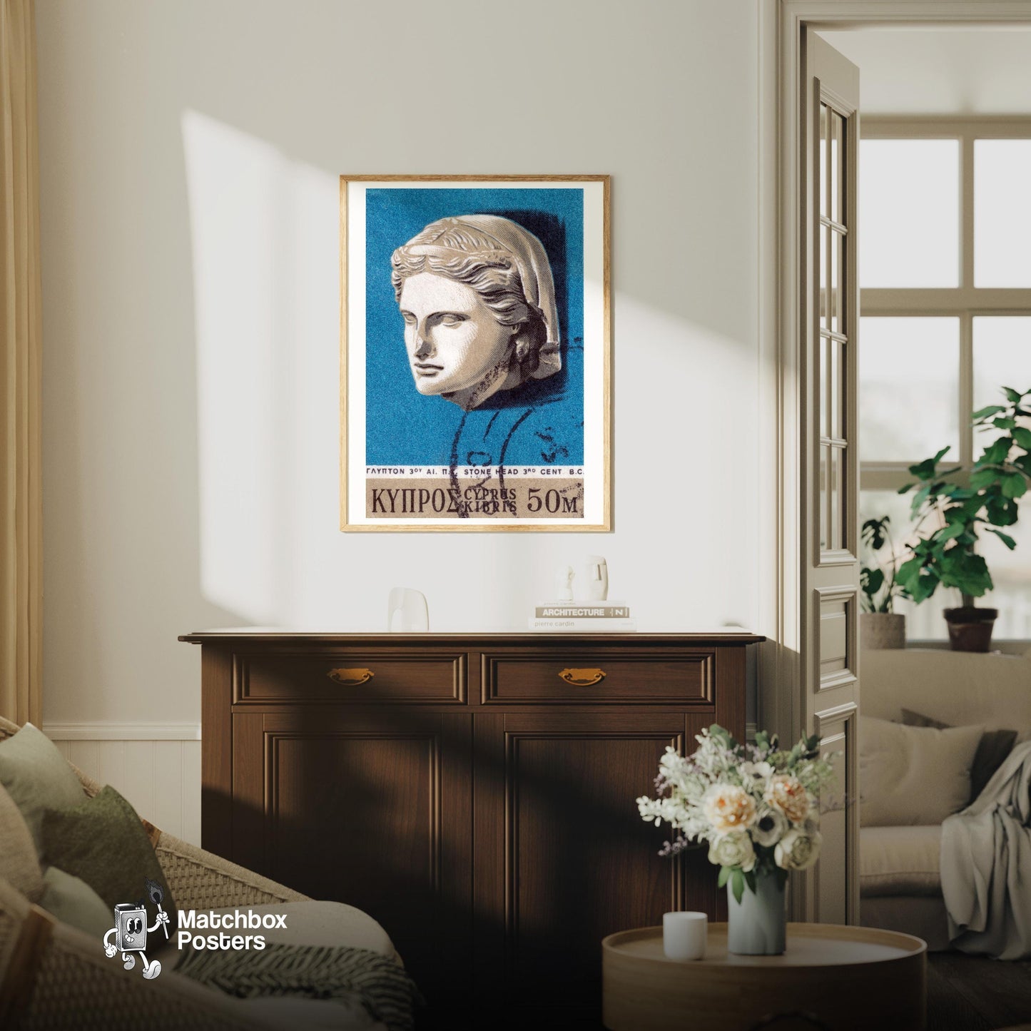 Stone Head Sculpture - vintage matchbox label print - living room mockup