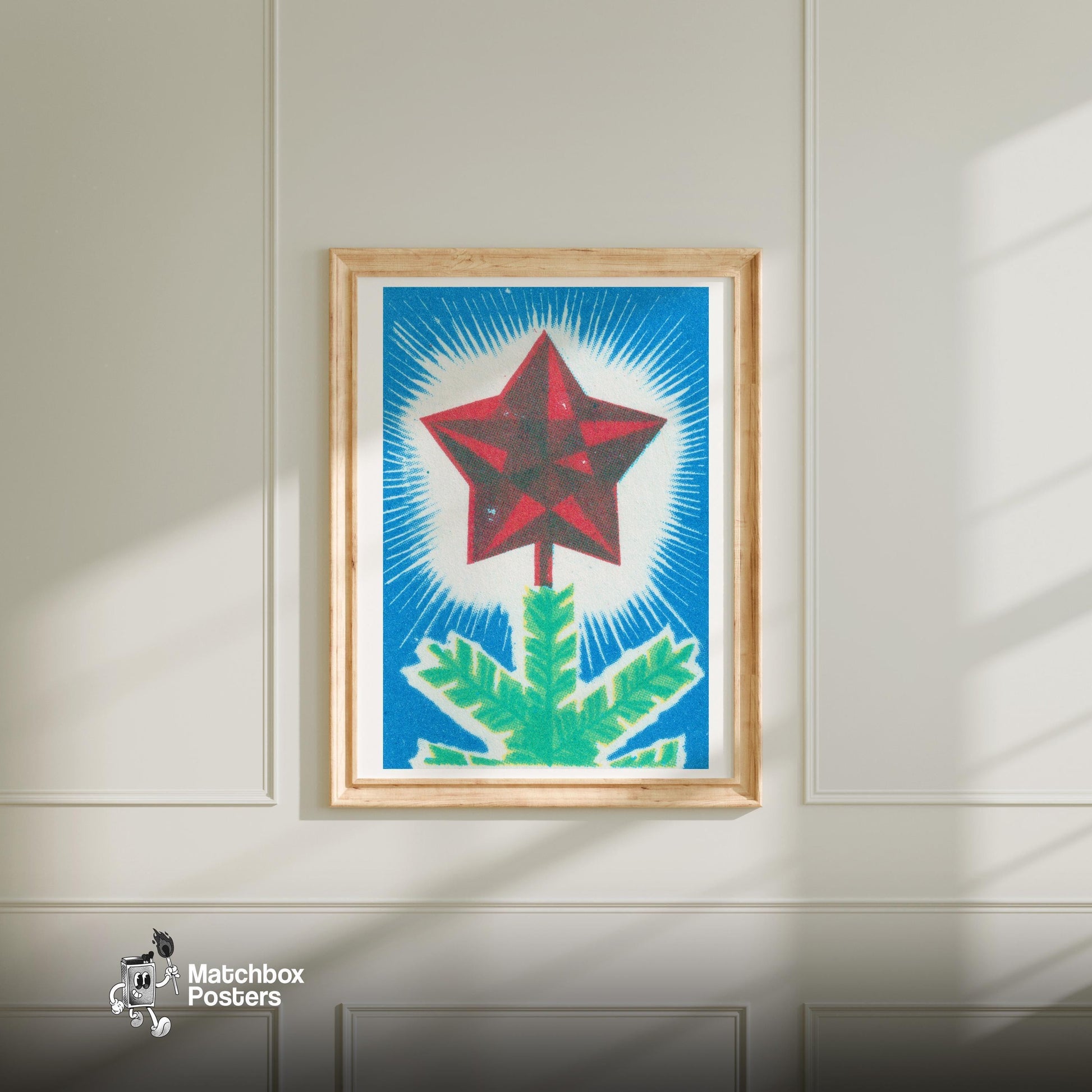 Red Star Christmas Tree - vintage matchbox label print - bedroom mockup