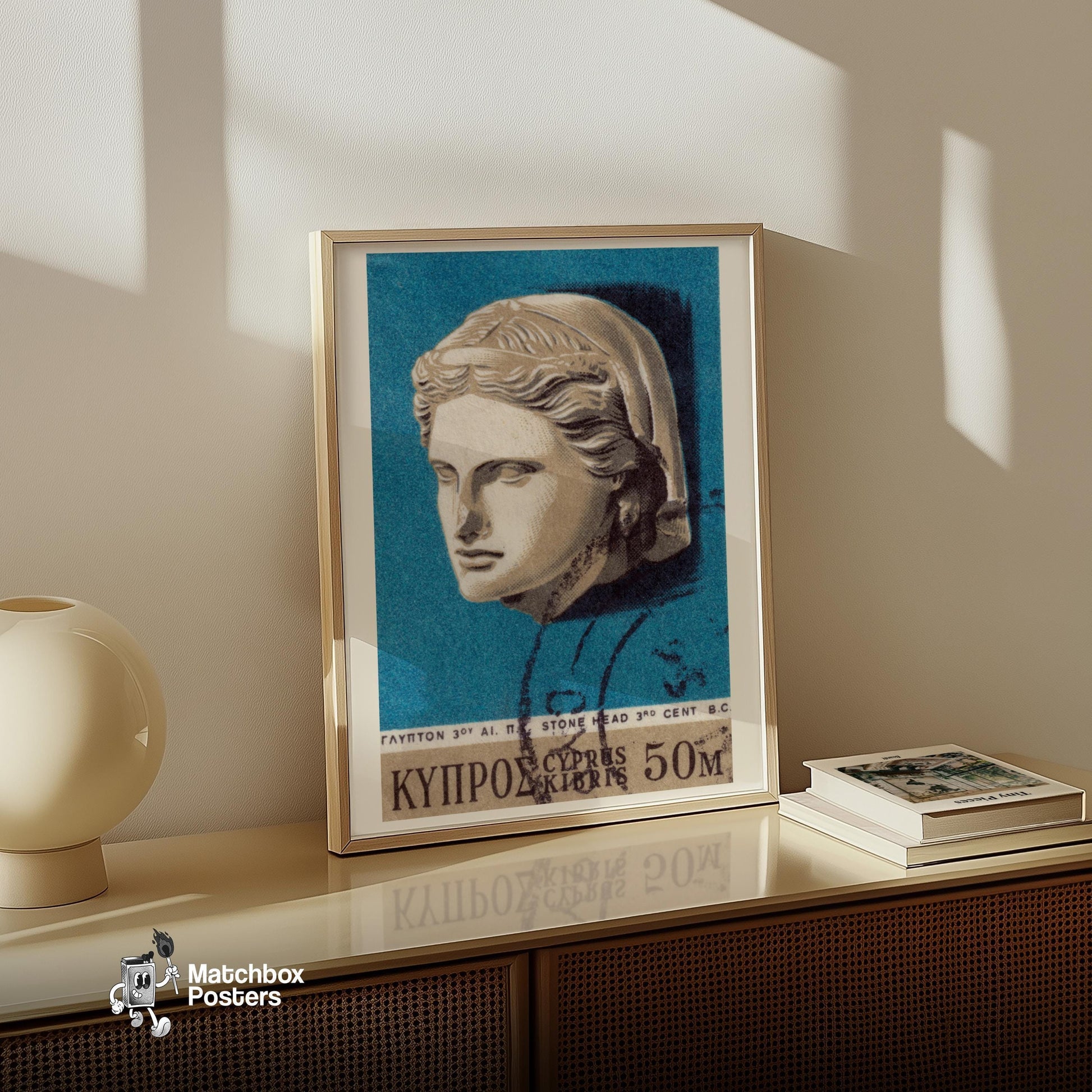 Stone Head Sculpture - vintage matchbox label print - size comparison